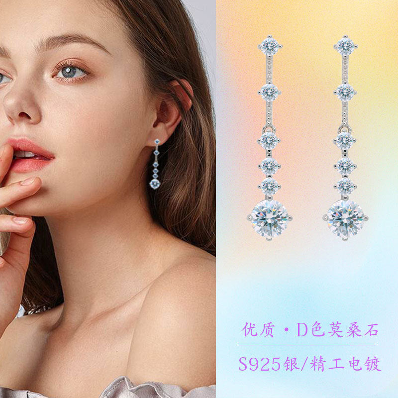Earrings - Elegant Long Tassel Drop Earrings with Moissanite Stones in Sterling Silver