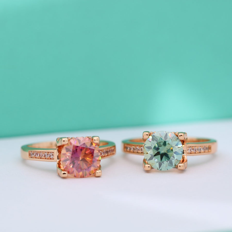 Ring Sterling Silver Colorful Moissanite Four Prong Setting Champagne Gold Elegant Statement Ring