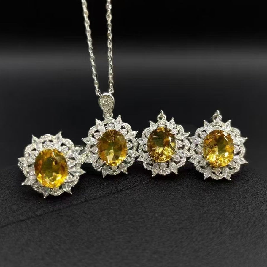 Necklace Sterling Silver Sunflower Pendant with Natural Gemstone Three-Piece Jewelry Set