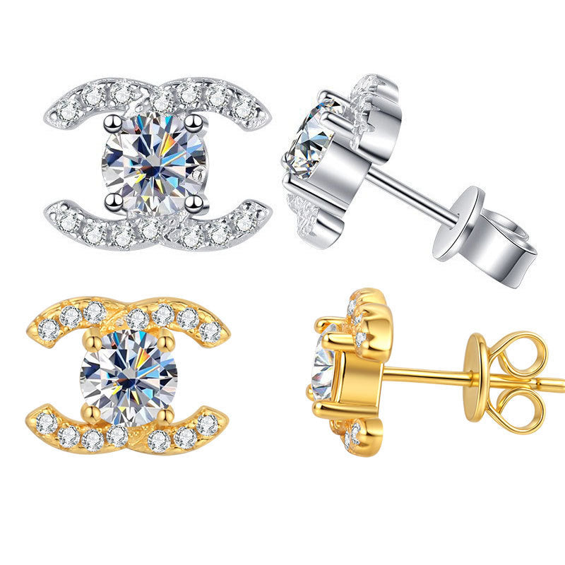 Earrings - Sterling Silver Double C Stud Earrings with Moissanite Stone Inlay