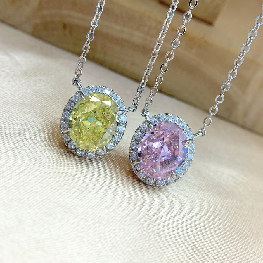 Necklace 925 Sterling Silver Ice Flower Cut Oval Crystal Pendant Romantic Luxury Chain