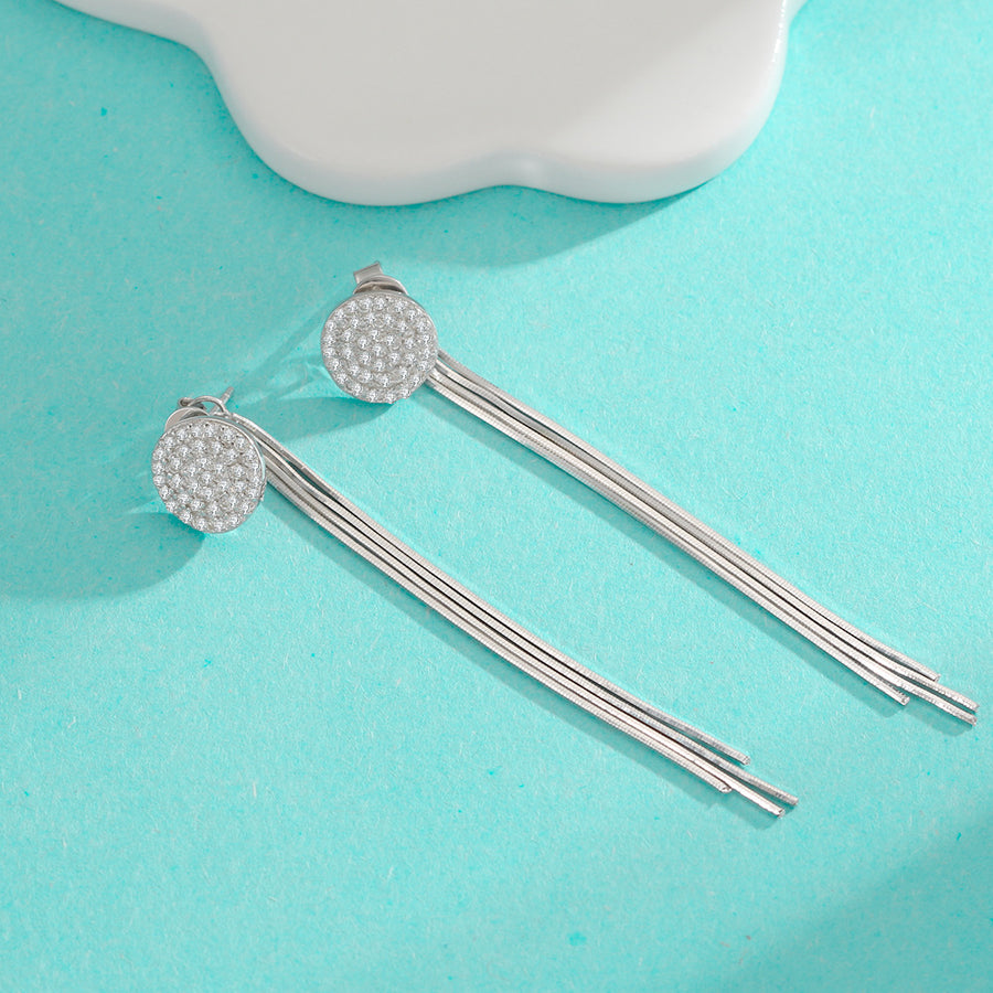 Earrings - Sterling Silver Moissanite Round Tassel Drop Convertible Two-Way Wear Stud Earrings