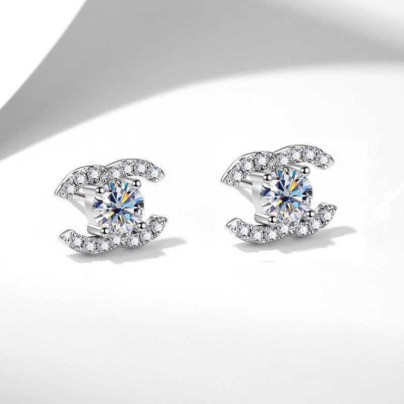 Earrings - Sterling Silver Double C Stud Earrings with Moissanite Stone Inlay