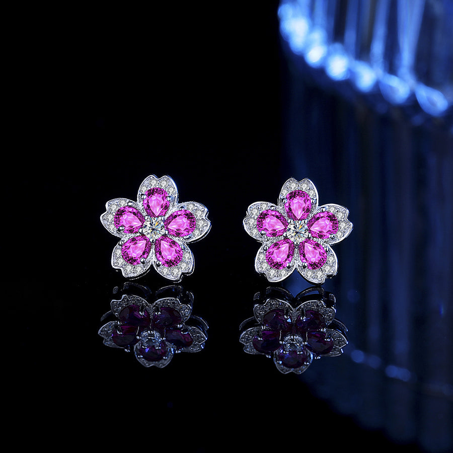 Earrings - Colorful Gemstone Flower Stud Earrings with Sparkling Crystal Accents