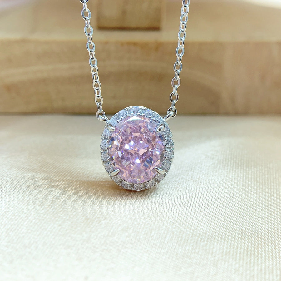 Necklace 925 Sterling Silver Ice Flower Cut Oval Crystal Pendant Romantic Luxury Chain