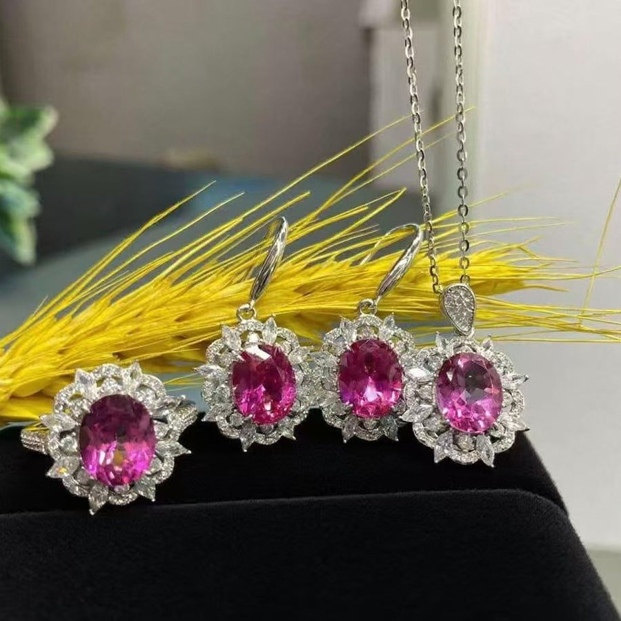 Necklace Sterling Silver Sunflower Pendant with Natural Gemstone Three-Piece Jewelry Set