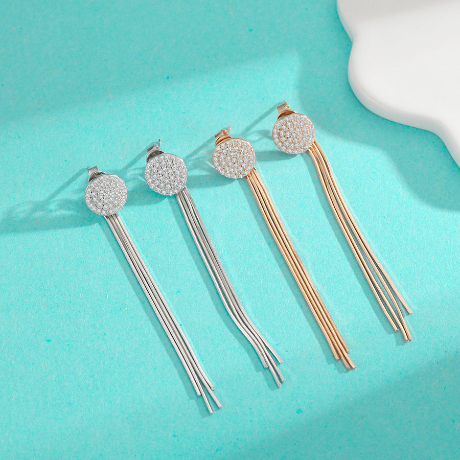 Earrings - Sterling Silver Moissanite Round Tassel Drop Convertible Two-Way Wear Stud Earrings