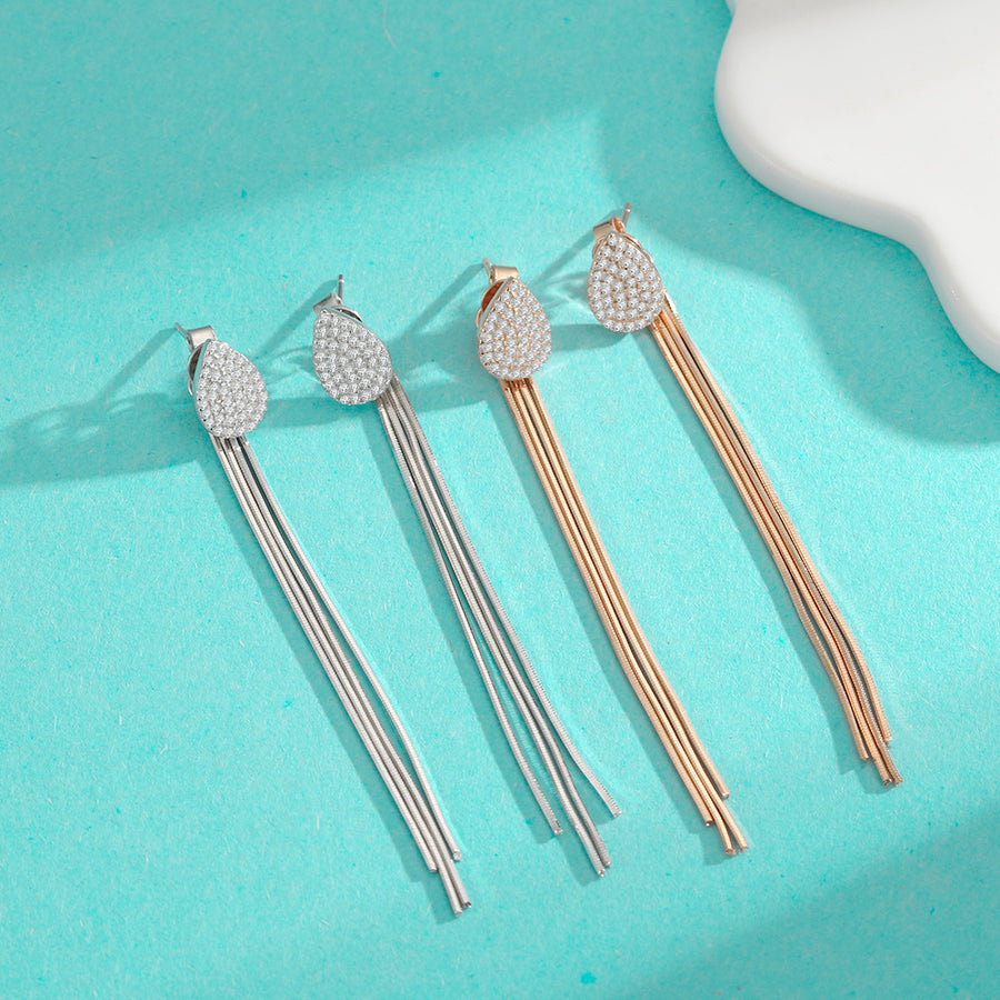 Earrings - Sterling Silver Moissanite Teardrop Tassel Convertible Two-Way Wear Dangle Earrings