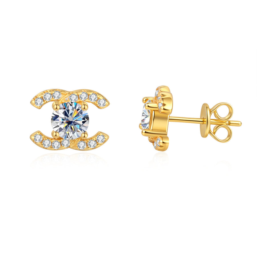 Earrings - Sterling Silver Double C Stud Earrings with Moissanite Stone Inlay