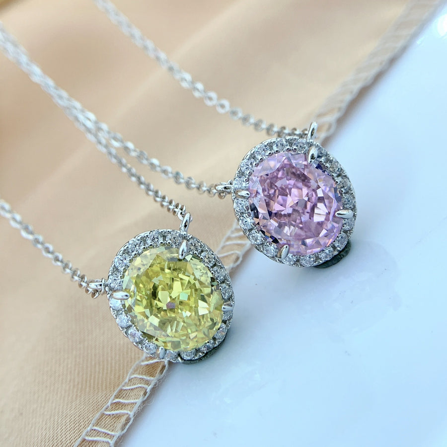 Necklace 925 Sterling Silver Ice Flower Cut Oval Crystal Pendant Romantic Luxury Chain
