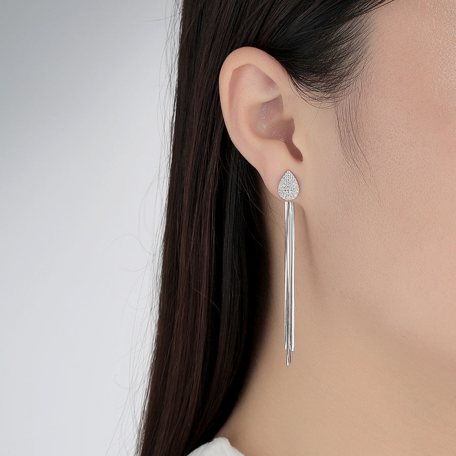 Earrings - Sterling Silver Moissanite Teardrop Tassel Convertible Two-Way Wear Dangle Earrings