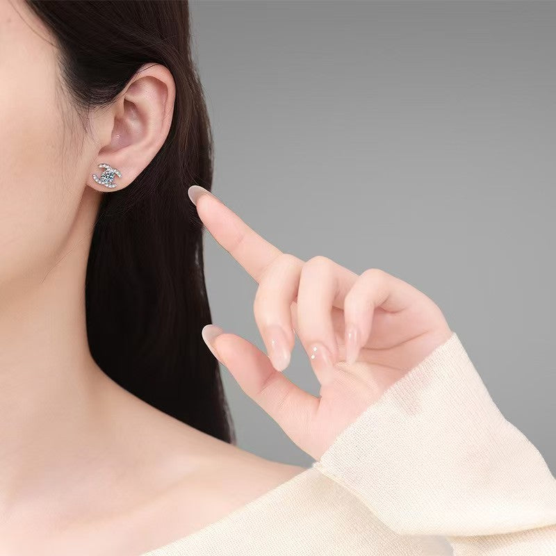 Earrings - Sterling Silver Double C Stud Earrings with Moissanite Stone Inlay