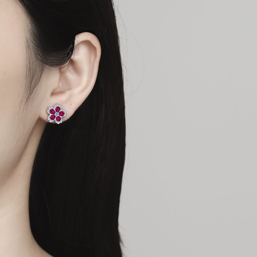 Earrings - Colorful Gemstone Flower Stud Earrings with Sparkling Crystal Accents