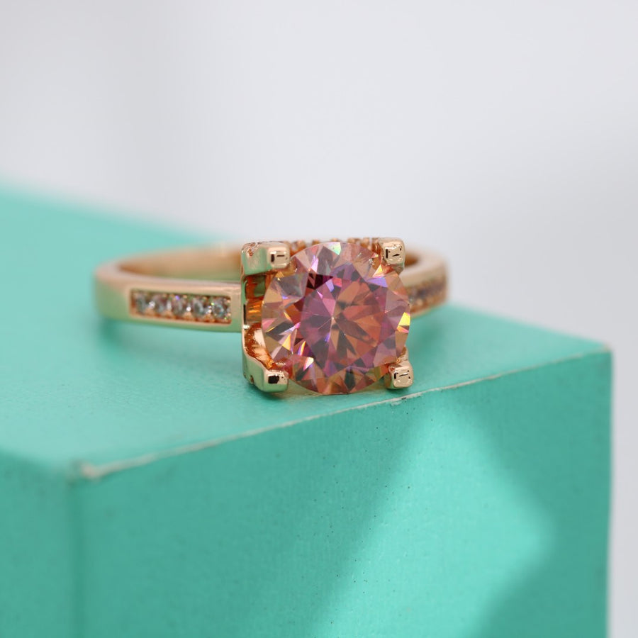 Ring Sterling Silver Colorful Moissanite Four Prong Setting Champagne Gold Elegant Statement Ring