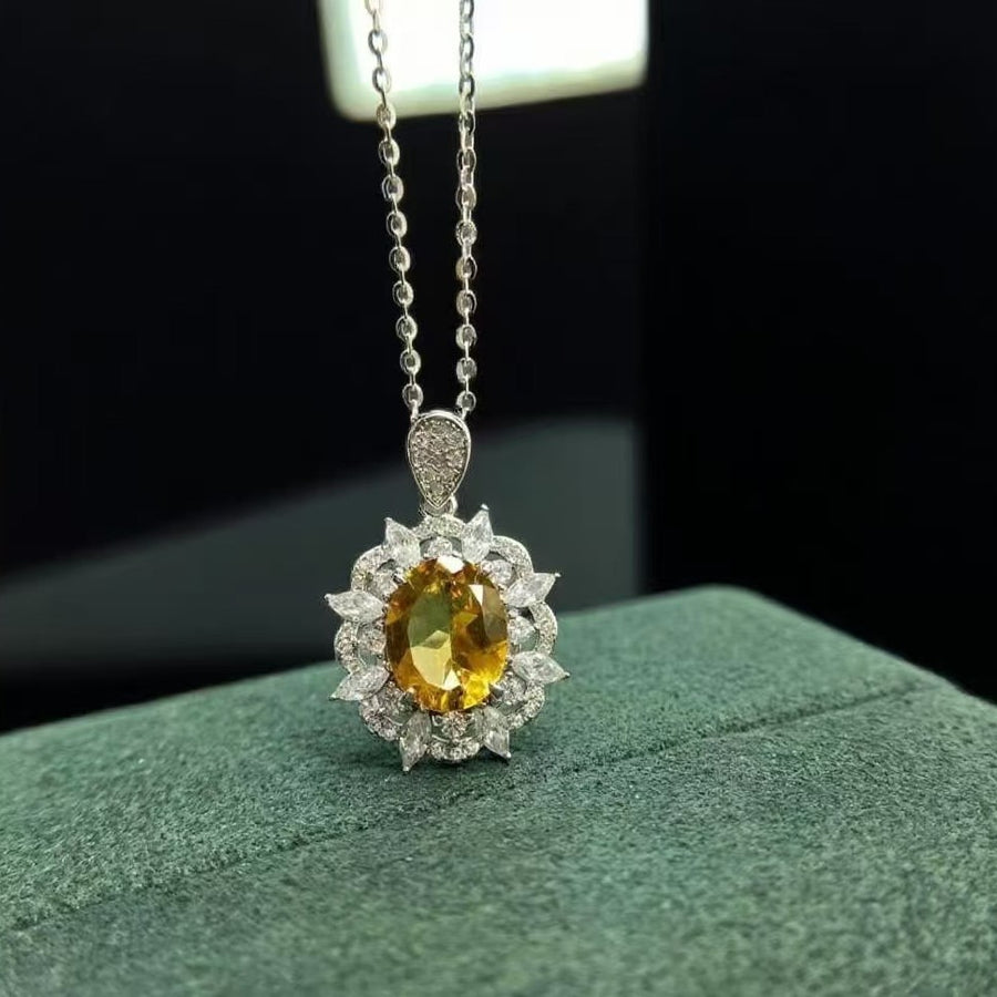 Necklace Sterling Silver Sunflower Pendant with Natural Gemstone Three-Piece Jewelry Set
