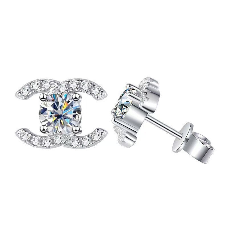 Earrings - Sterling Silver Double C Stud Earrings with Moissanite Stone Inlay