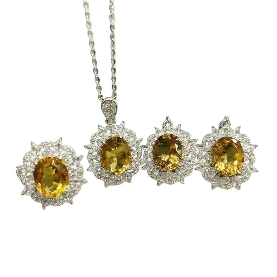 Necklace Sterling Silver Sunflower Pendant with Natural Gemstone Three-Piece Jewelry Set