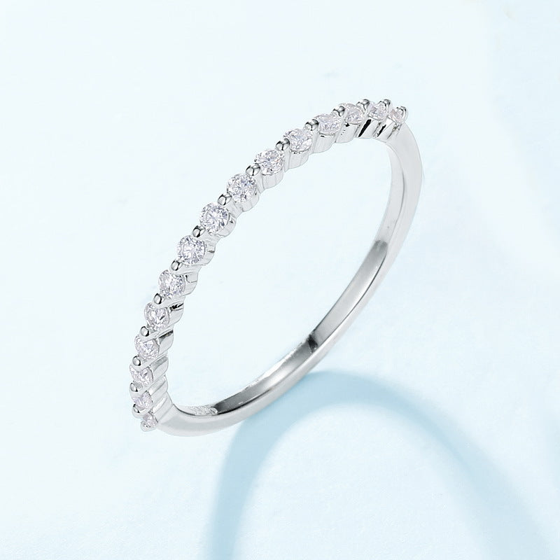 Round Moissanite Half Eternity Band Ring White Gold Tone And 10K Gold Plated S925 Sterling Silver Slim Stackable Fashion Ring For Women Wedding Anniversary Gift