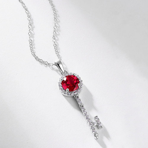 Key Shape Lab-Grown Ruby And Moissanite Halo Pendant Necklace 925 Sterling Silver White Gold Tone Geometric Chain Necklace For Women Elegant Fashion Anniversary Party Gift Jewelry