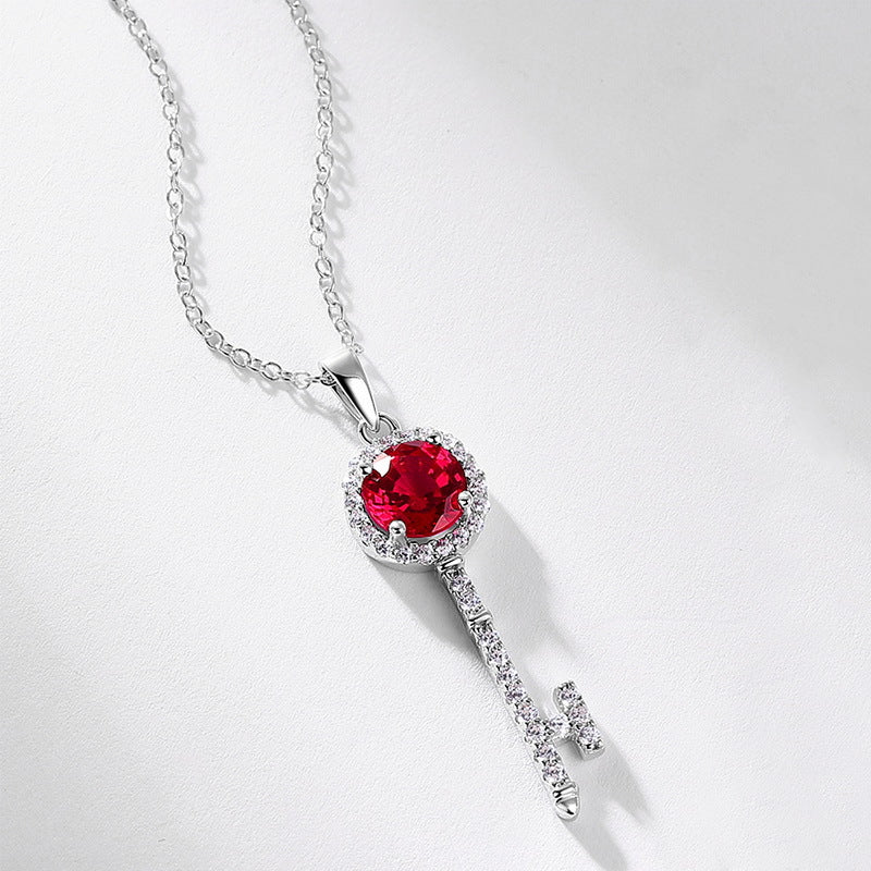Key Shape Lab-Grown Ruby And Moissanite Halo Pendant Necklace 925 Sterling Silver White Gold Tone Geometric Chain Necklace For Women Elegant Fashion Anniversary Party Gift Jewelry