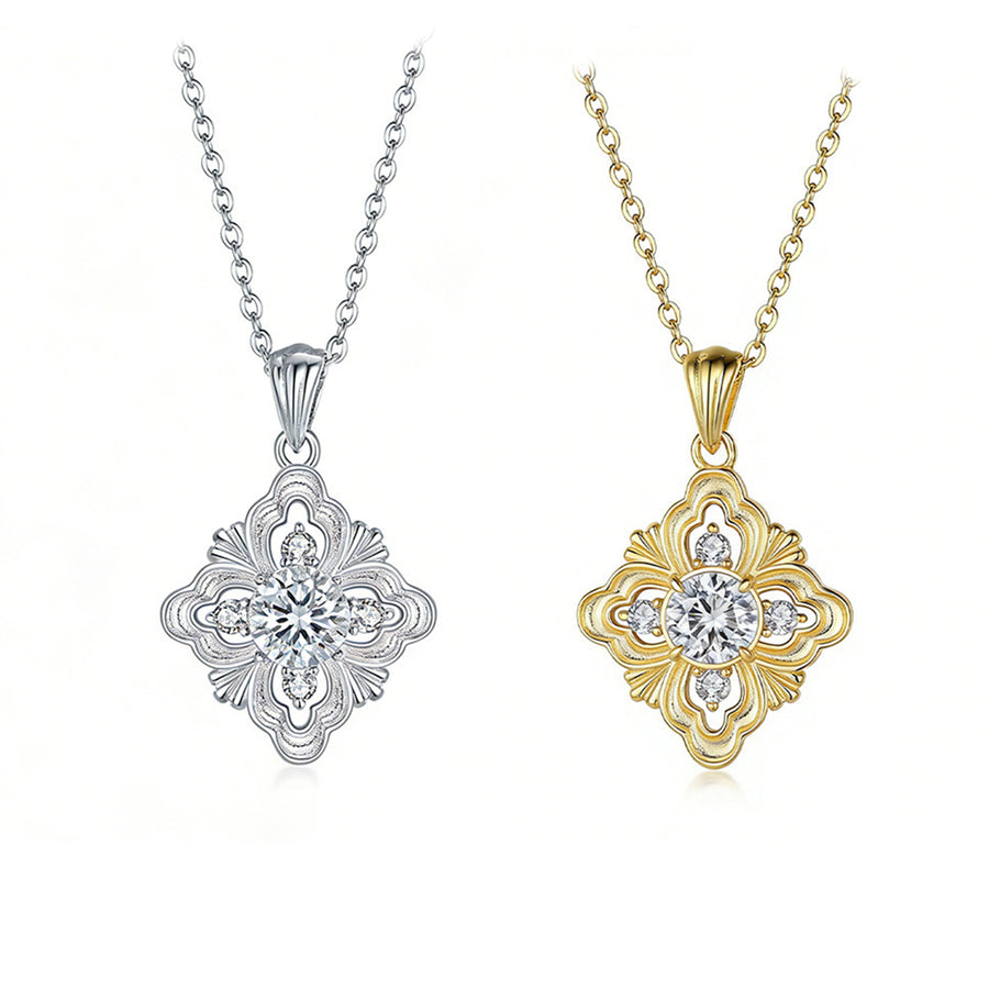 Round-Cut Moissanite Vintage Quatrefoil Pendant Necklace in 925 Sterling Silver