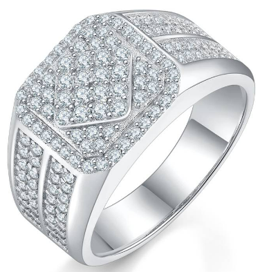 White Moissanite Geometric Pave Signet Ring in 925 Sterling Silver