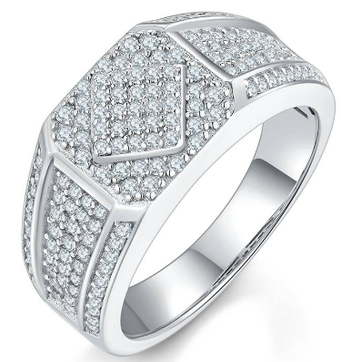 White Moissanite Geometric Pave Signet Statement Ring in 925 Sterling Silver