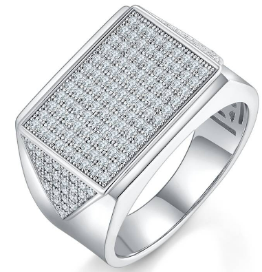 White Moissanite Rectangular Pave Signet Ring in 925 Sterling Silver