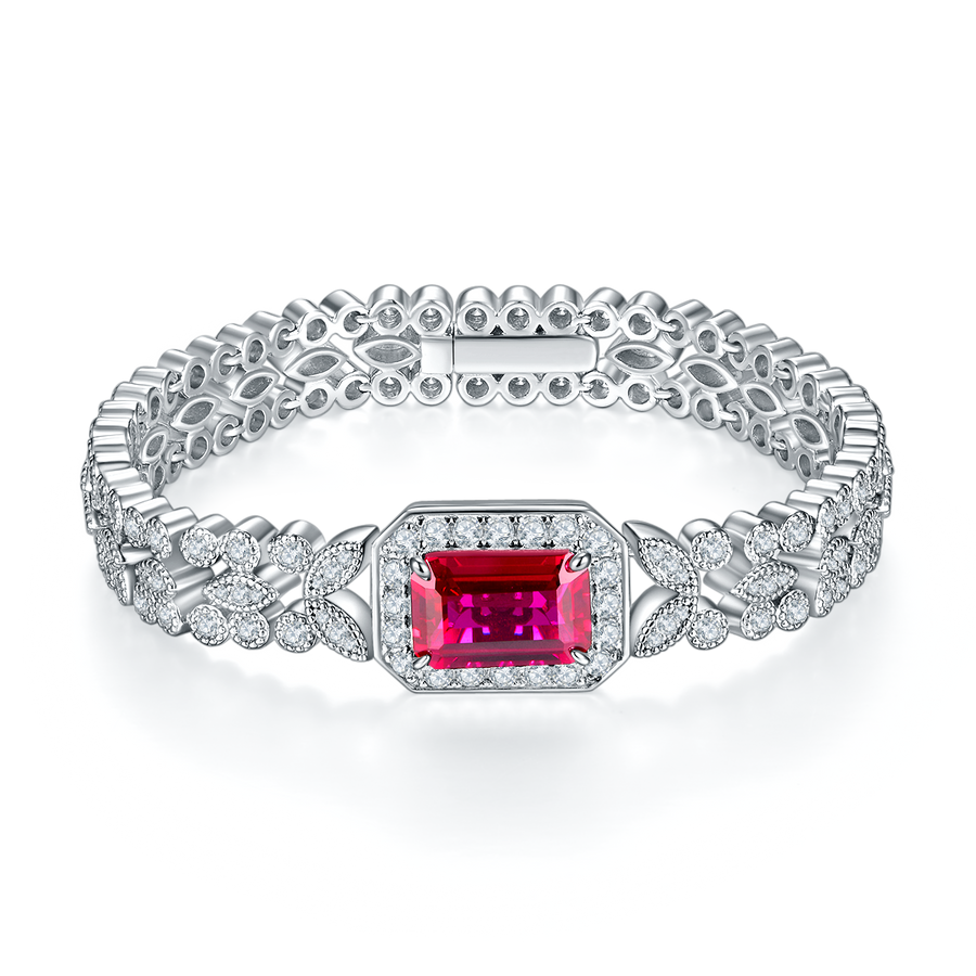 Emerald-Cut Lab-Created Ruby Halo Leaf-Link Tennis Bracelet