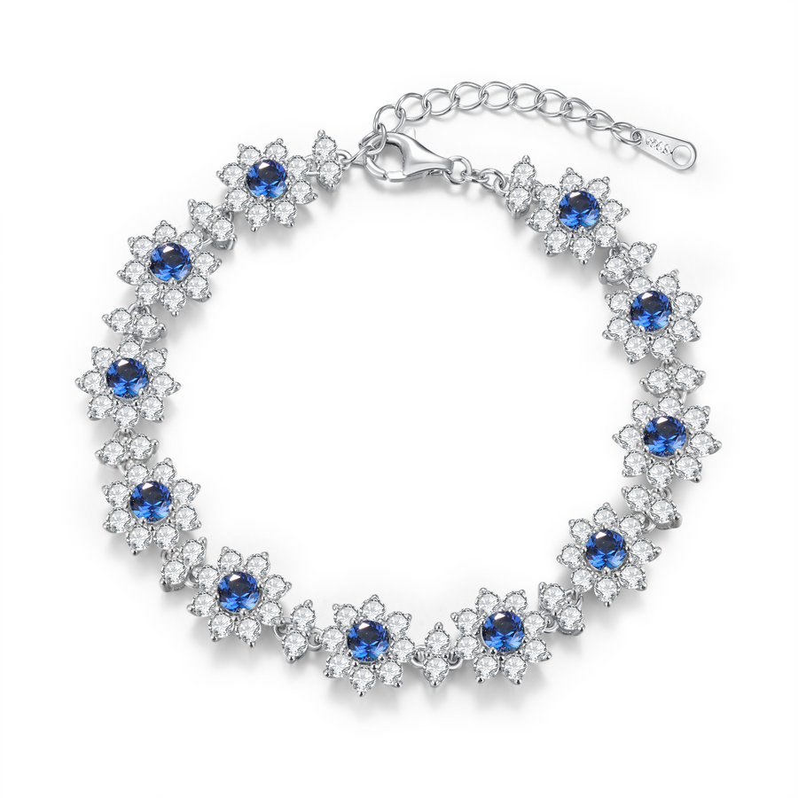 Round-Cut Lab Gem Floral Halo Tennis Bracelet in 925 Sterling Silver