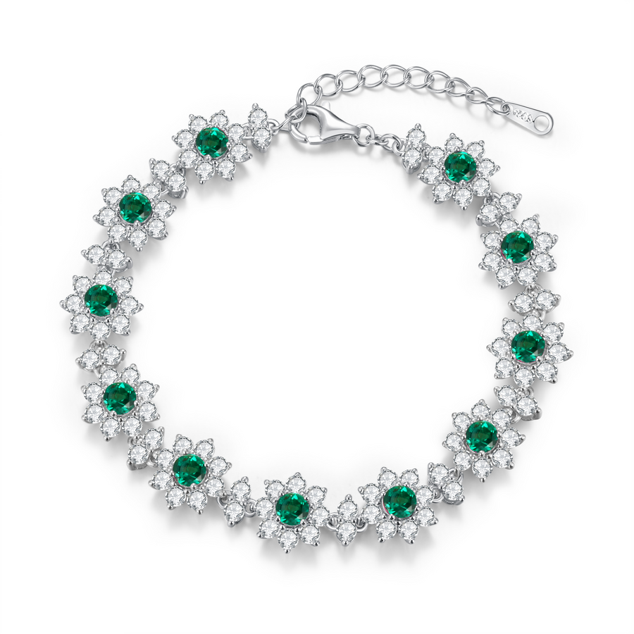 Round-Cut Lab Gem Floral Halo Tennis Bracelet in 925 Sterling Silver
