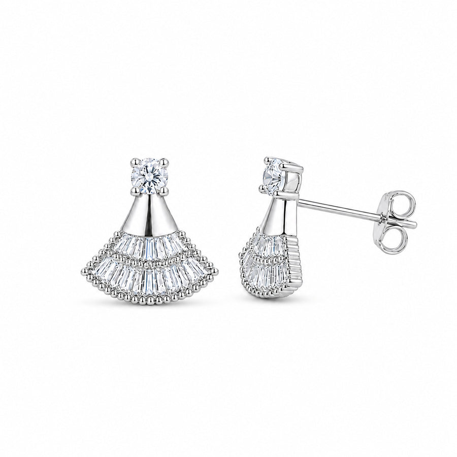 Fan Skirt Shaped Moissanite And Cubic Zirconia Stud Earrings In 925 Sterling Silver With Clear Round And Baguette Cut Stones For Women Elegant Party Wedding Gift Jewelry