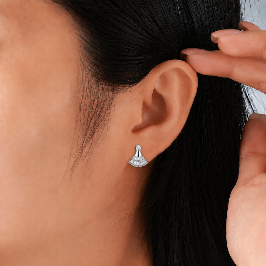 Fan Skirt Shaped Moissanite And Cubic Zirconia Stud Earrings In 925 Sterling Silver With Clear Round And Baguette Cut Stones For Women Elegant Party Wedding Gift Jewelry