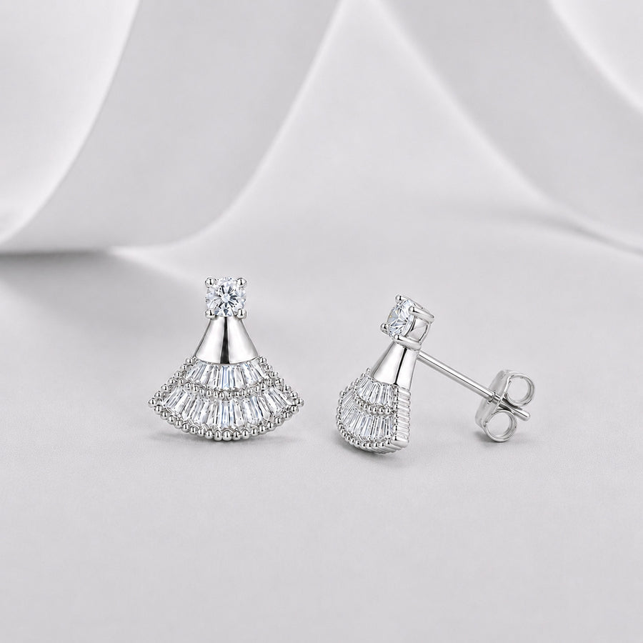 Fan Skirt Shaped Moissanite And Cubic Zirconia Stud Earrings In 925 Sterling Silver With Clear Round And Baguette Cut Stones For Women Elegant Party Wedding Gift Jewelry