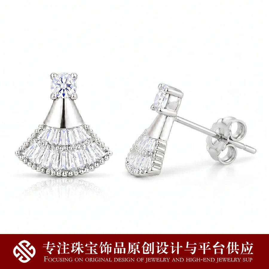 Fan Skirt Shaped Moissanite And Cubic Zirconia Stud Earrings In 925 Sterling Silver With Clear Round And Baguette Cut Stones For Women Elegant Party Wedding Gift Jewelry