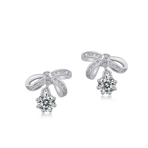 Bow Knot Moissanite Earrings Vintage Fashion 925 Sterling Silver Stud Drop Earrings With Clear Pave Bow Design And Dangling Round 5mm 0.88ct Stone For Women Elegant Gift Jewelry - SilverAuraBoutiqueLtd