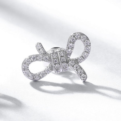 Bowknot Cubic Zirconia Ear Stud Earrings Thick White Gold Color S925 Sterling Silver Micro Set Pave Ribbon Design Simple Elegant Fashion Jewelry for Women - SilverAuraBoutiqueLtd
