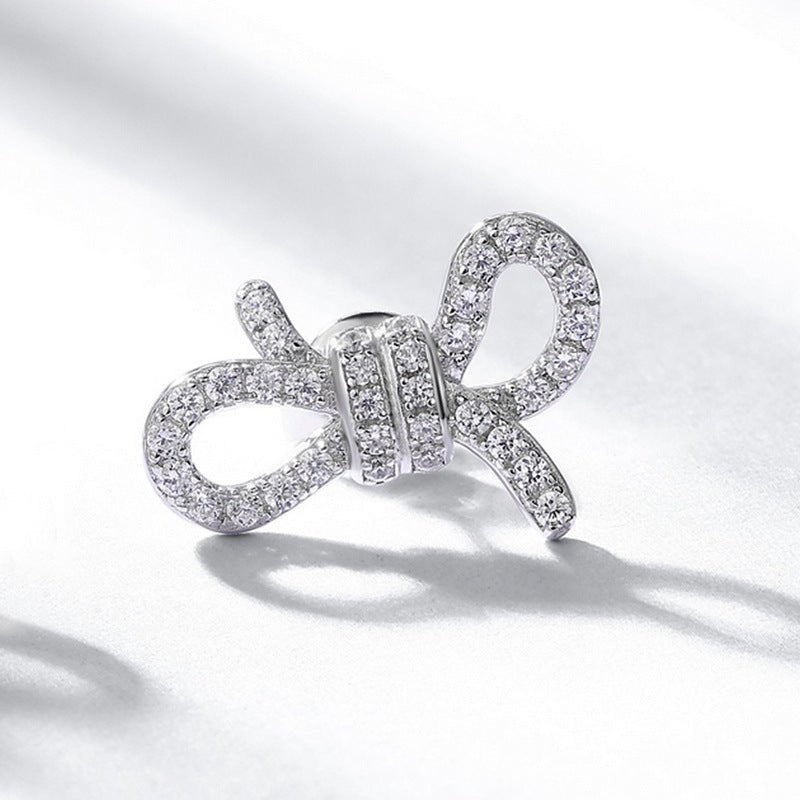 Bowknot Cubic Zirconia Ear Stud Earrings Thick White Gold Color S925 Sterling Silver Micro Set Pave Ribbon Design Simple Elegant Fashion Jewelry for Women - SilverAuraBoutiqueLtd