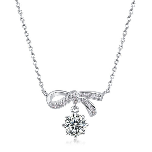 Bowknot Ribbon White Gold Plated S925 Silver Moissanite Pendant Necklace With Round Dangle Center Stone Elegant Fashion Chain Necklace For Women Party Gift Daily Wear Jewelry - SilverAuraBoutiqueLtd