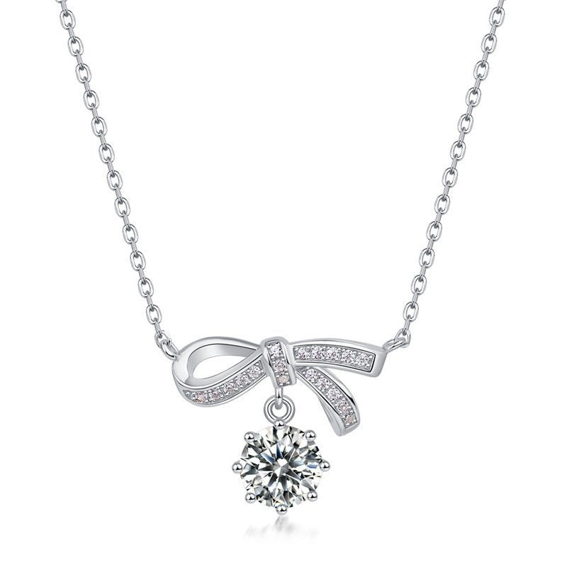 Bowknot Ribbon White Gold Plated S925 Silver Moissanite Pendant Necklace With Round Dangle Center Stone Elegant Fashion Chain Necklace For Women Party Gift Daily Wear Jewelry - SilverAuraBoutiqueLtd