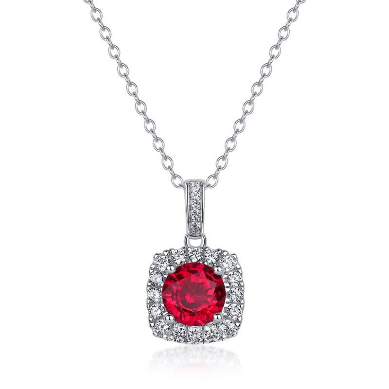 Classic Cushion Halo Moissanite Necklace With Red Lab Created Ruby Round Center Stone S925 Sterling Silver Pendant Necklace For Women Elegant Geometric Fashion Jewelry Gift - SilverAuraBoutiqueLtd