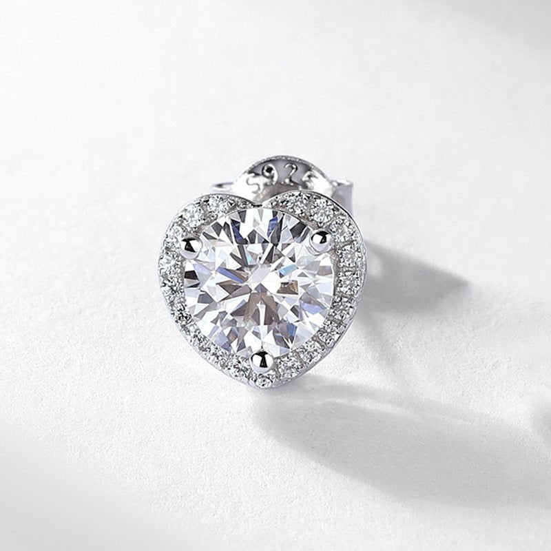 Heart Halo Moissanite Stud Earrings White Gold Color S925 Sterling Silver Round 1 Carat Center Stone Elegant Fashion Jewelry for Women Wedding Party Anniversary Gift - SilverAuraBoutiqueLtd