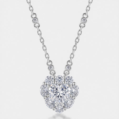 Heart Shape Moissanite Cluster Flower Pendant Necklace In 925 Sterling Silver With Round Halo Stones Lobster Clasp Daily Wear Elegant Fashion Jewelry For Women GRA Certificate - SilverAuraBoutiqueLtd