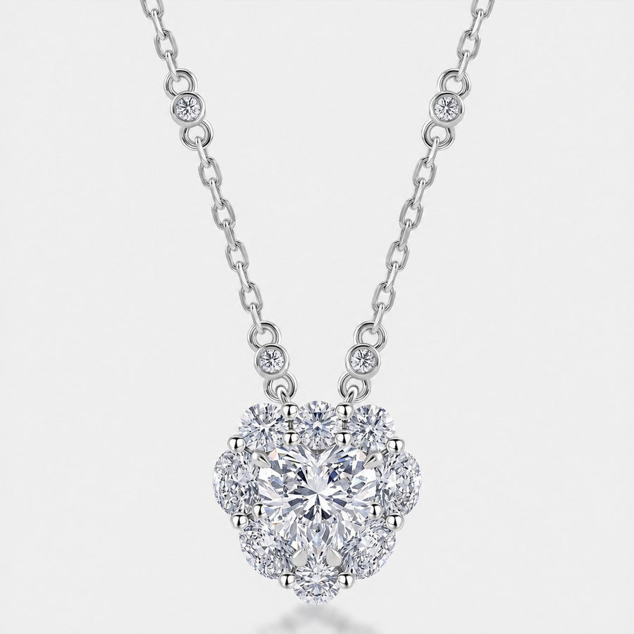 Heart Shape Moissanite Cluster Flower Pendant Necklace In 925 Sterling Silver With Round Halo Stones Lobster Clasp Daily Wear Elegant Fashion Jewelry For Women GRA Certificate - SilverAuraBoutiqueLtd