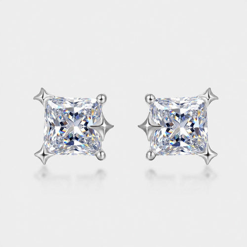 Moissanite Geometric Star Corner Princess Cut Square Stud Earrings In 925 Sterling Silver For Women Fashion Commuter Elegant Modern Minimalist Daily Wear Jewelry - SilverAuraBoutiqueLtd