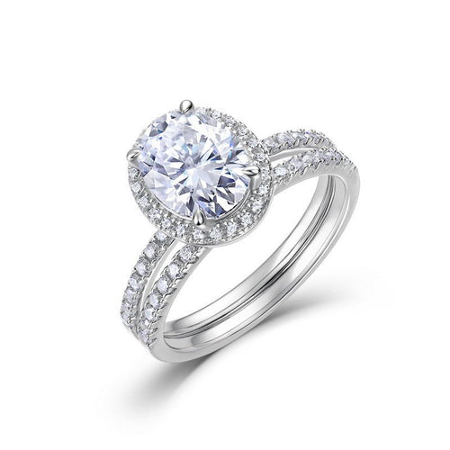 Oval Halo Moissanite Ring White Gold Plated S925 Sterling Silver Split Shank Band Ring for Women Elegant Fashion Engagement Wedding Anniversary Party Gift Jewelry - SilverAuraBoutiqueLtd