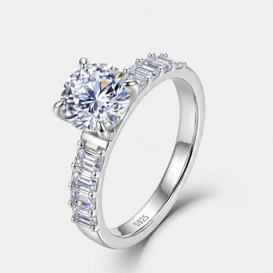 Round Moissanite Silver Color S925 Sterling Silver Ring With Four Prong Solitaire Center And Baguette Shoulder Stones Fashion Elegant Geometric Statement Jewelry For Women - SilverAuraBoutiqueLtd