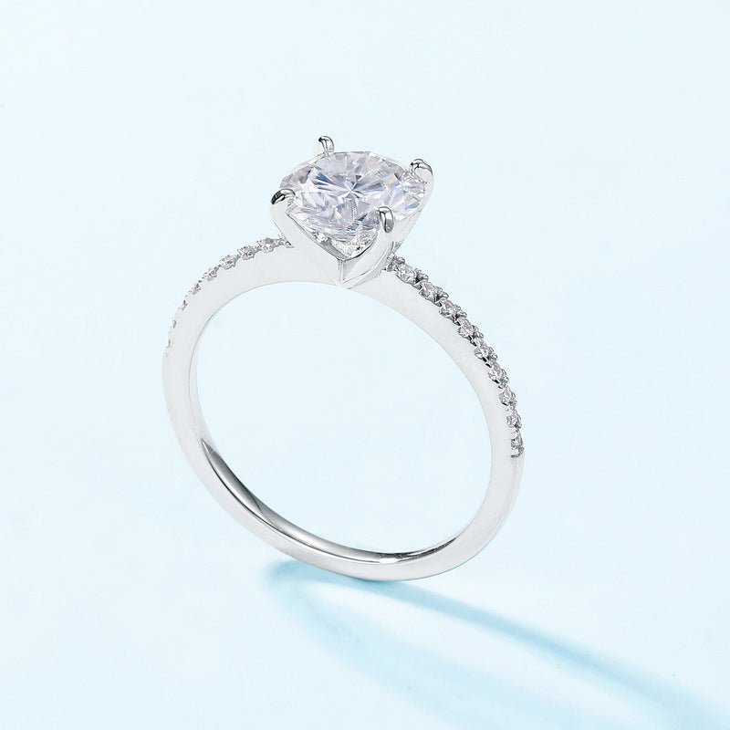 Round Solitaire Moissanite White Gold Color S925 Sterling Silver Ring Classic Four Prong Pave Band Engagement Ring For Women Elegant Fashion Wedding Anniversary Party Gift Jewelry Delicate Slim Band - SilverAuraBoutiqueLtd