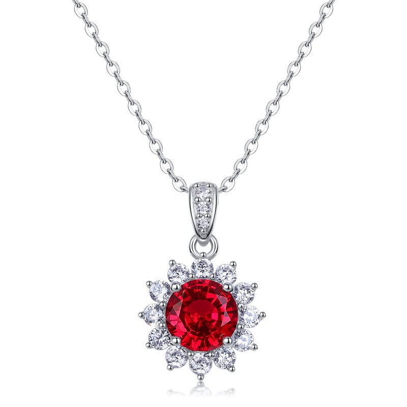 Sunflower Halo Red Lab Ruby Cubic Zirconia Pendant Necklace White Gold Plated 925 Sterling Silver Flower Chain Necklace For Women Elegant Fashion Party Anniversary Gift Jewelry - SilverAuraBoutiqueLtd